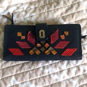 Fossil Black Wallet with Red and Burgundy Design